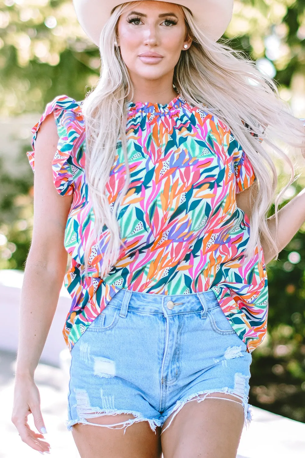 Floral Print Ruffled Flutter Sleeve Blouse