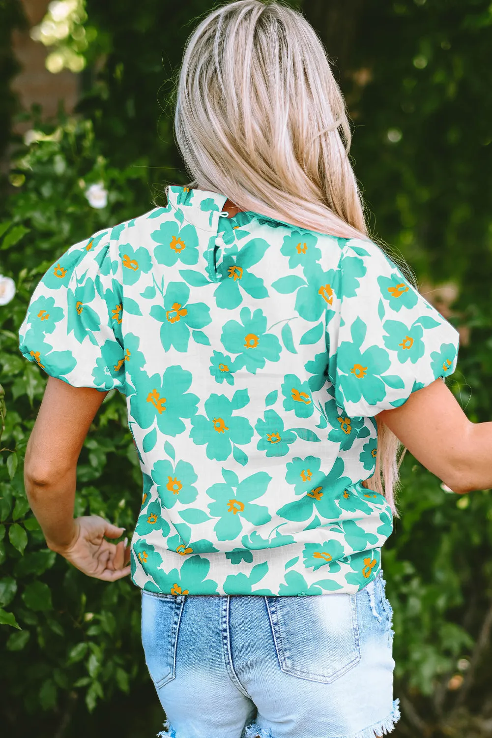 Floral Puff Sleeve Frilled Neckline Blouse