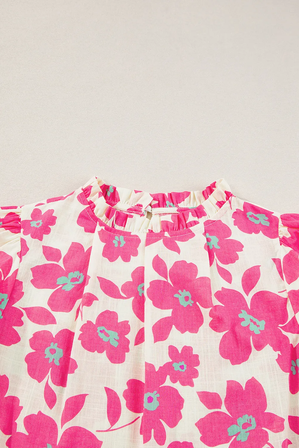 Floral Puff Sleeve Frilled Neckline Blouse