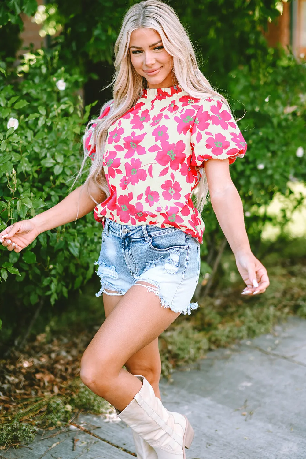 Floral Puff Sleeve Frilled Neckline Blouse