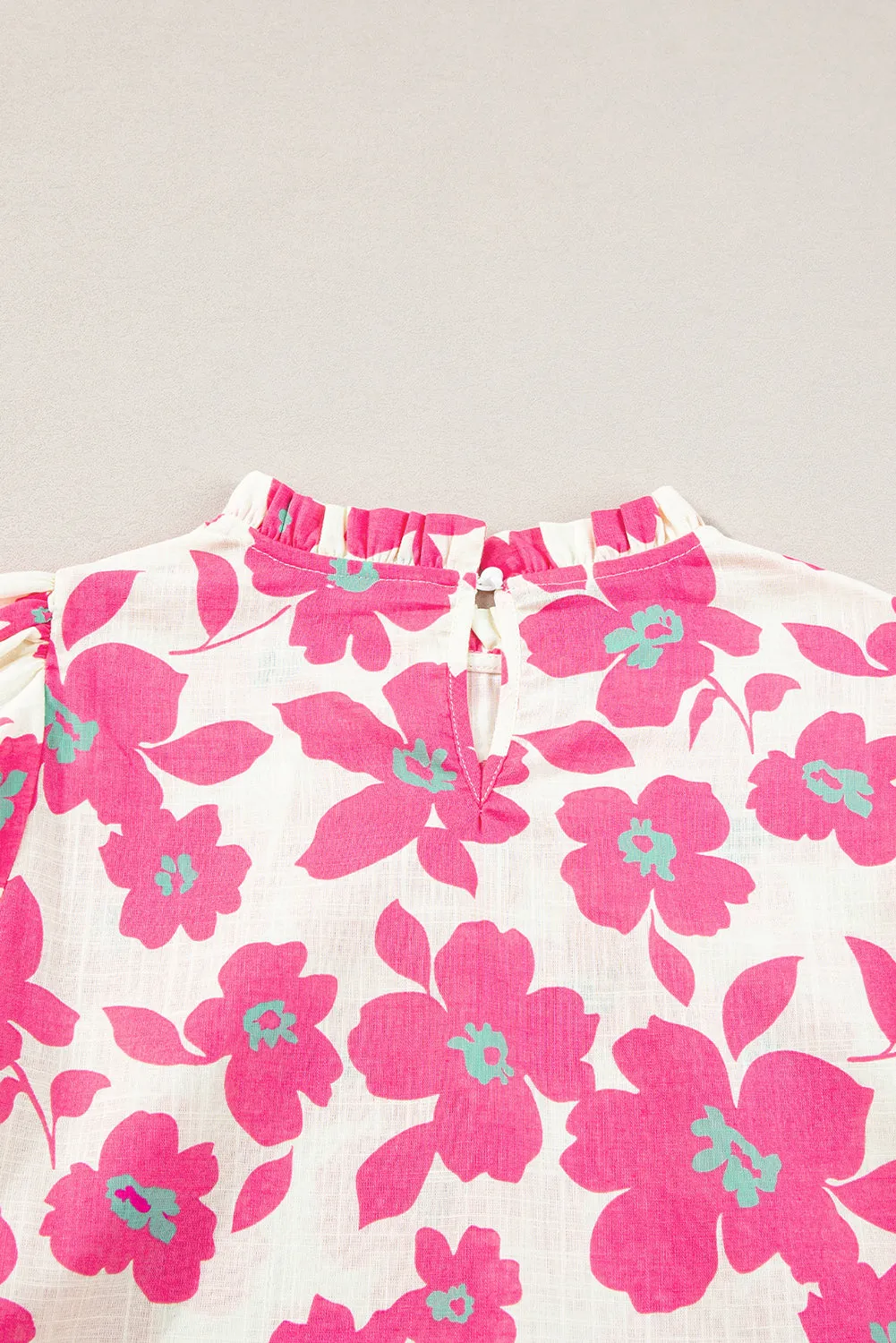 Floral Puff Sleeve Frilled Neckline Blouse