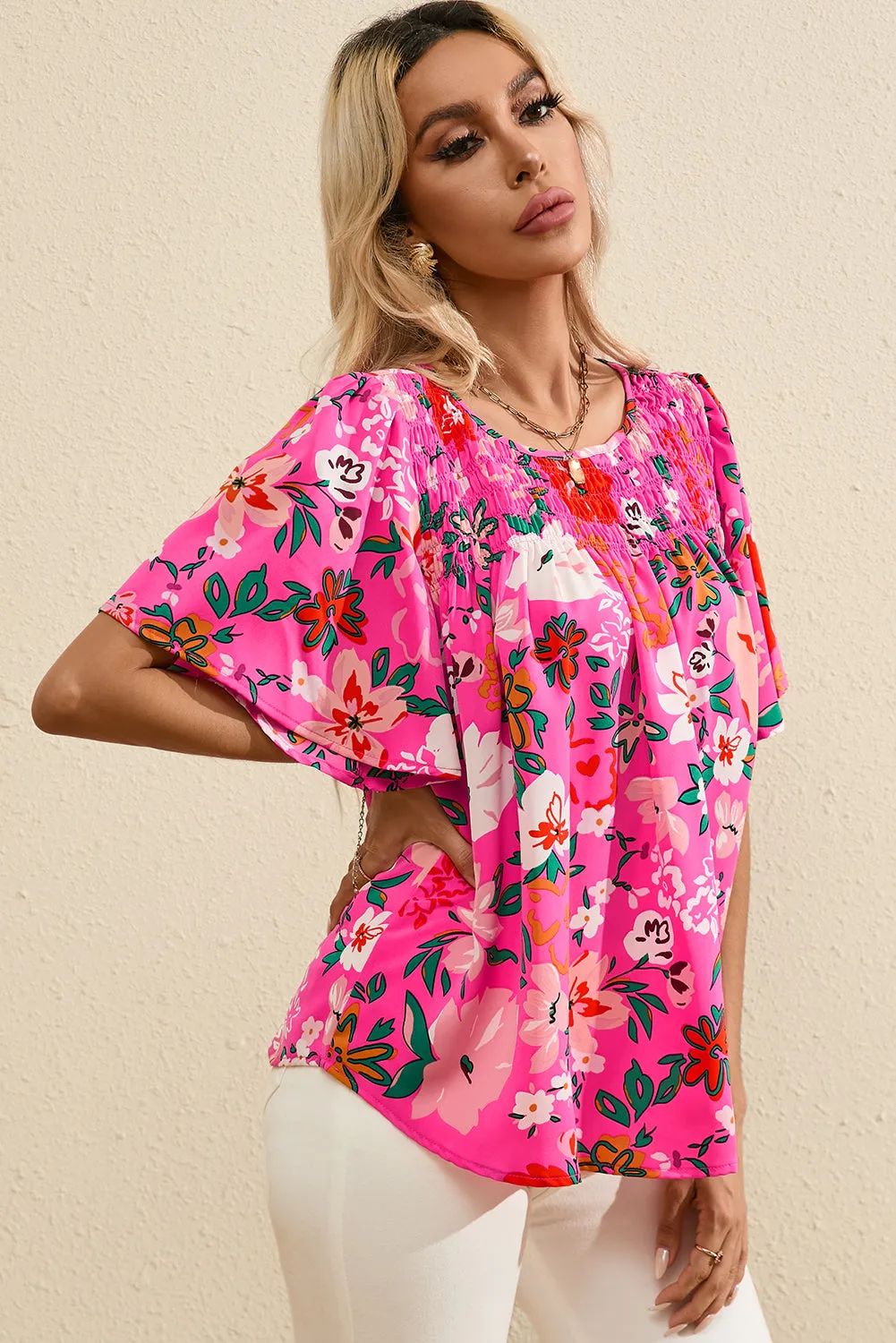 Floral Short Sleeve Smocked Blouse