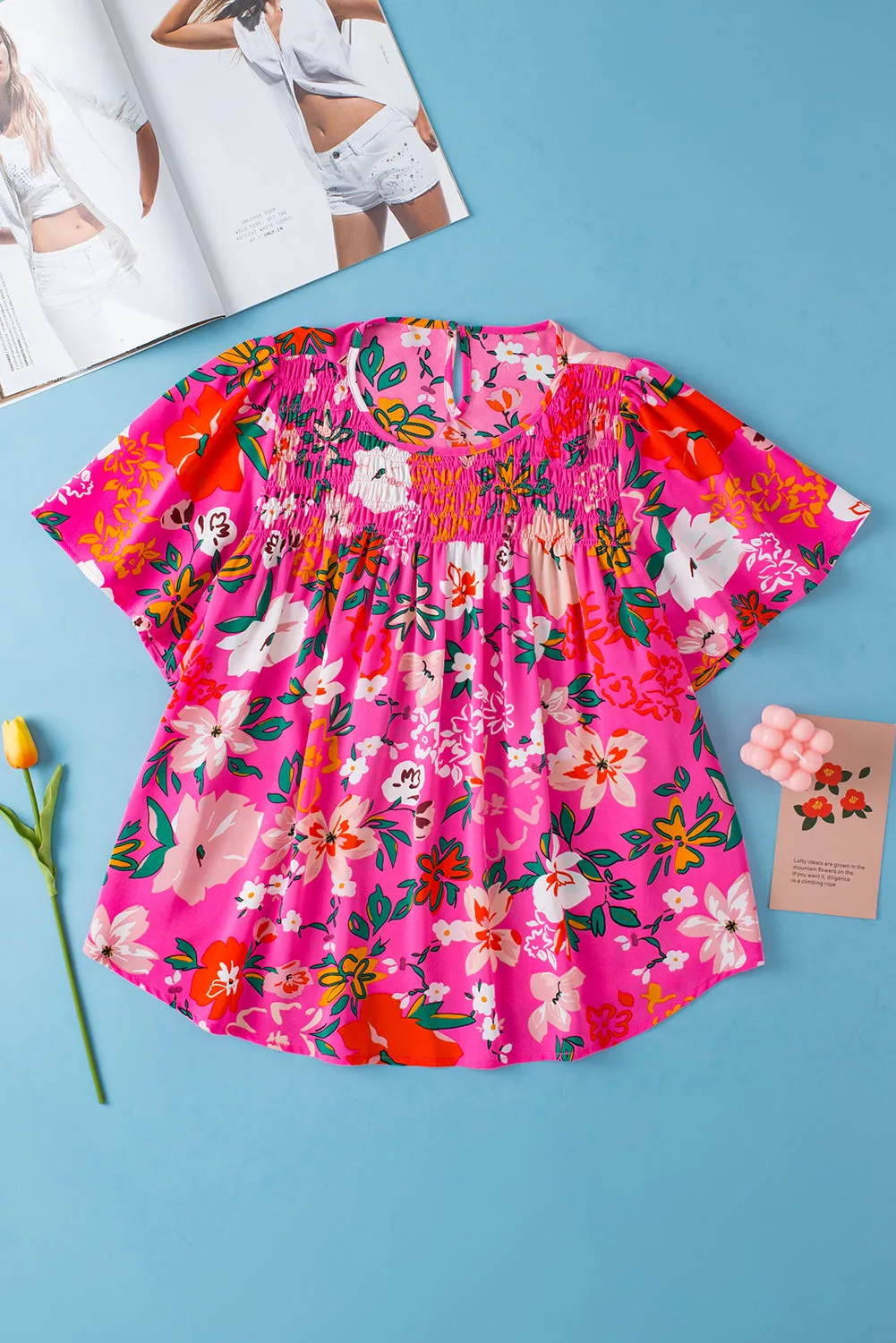 Floral Short Sleeve Smocked Blouse