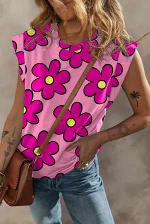 Flower Print Round Neck Cap Sleeve T Shirt