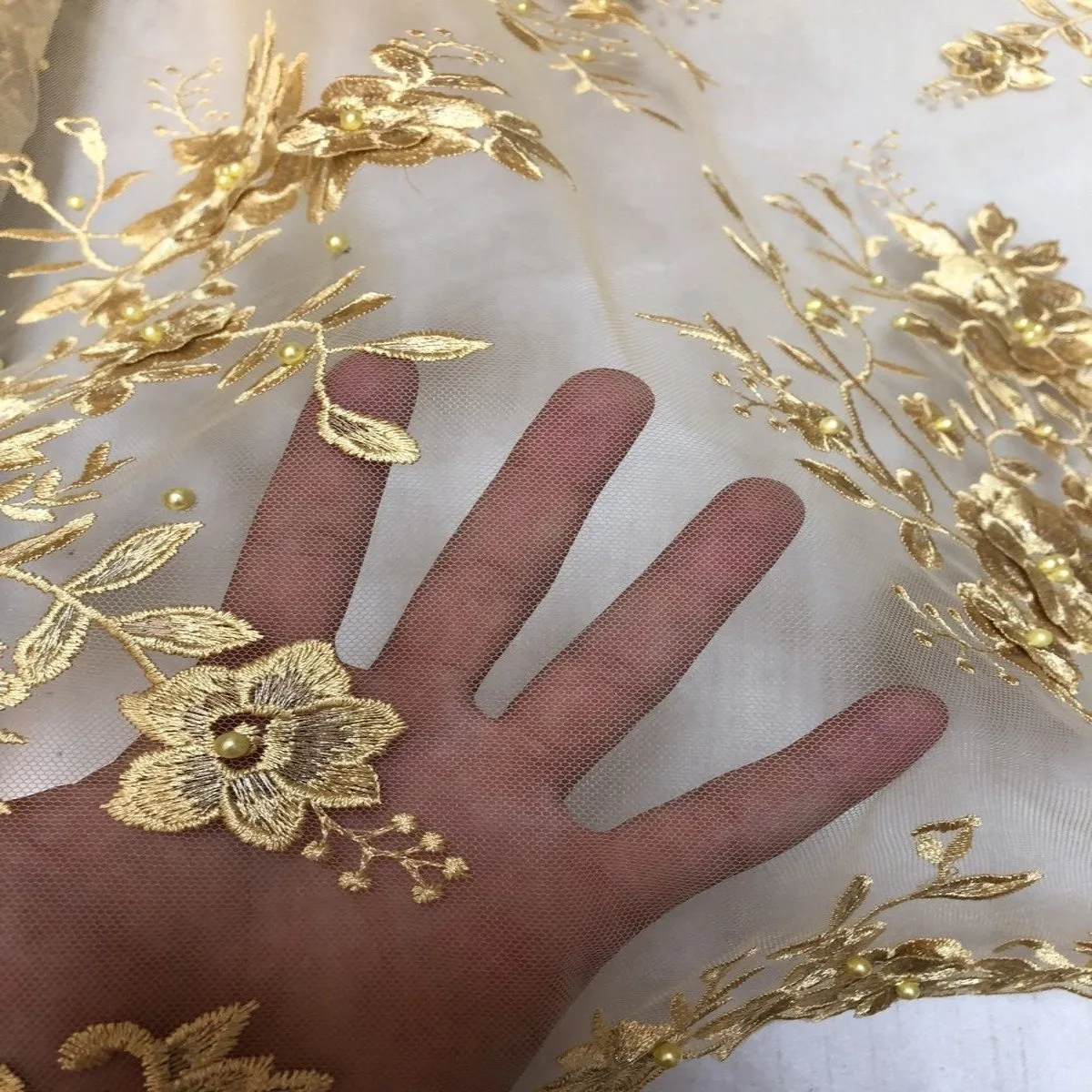 Gold Rouley 3D Pearl Floral Embroidered Lace Fabric