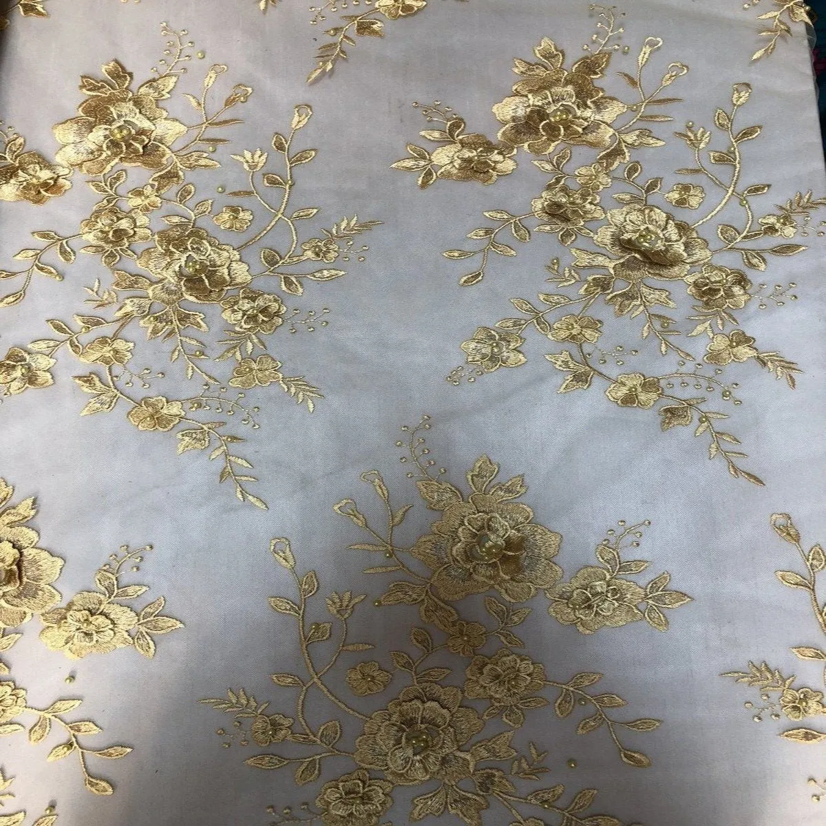 Gold Rouley 3D Pearl Floral Embroidered Lace Fabric