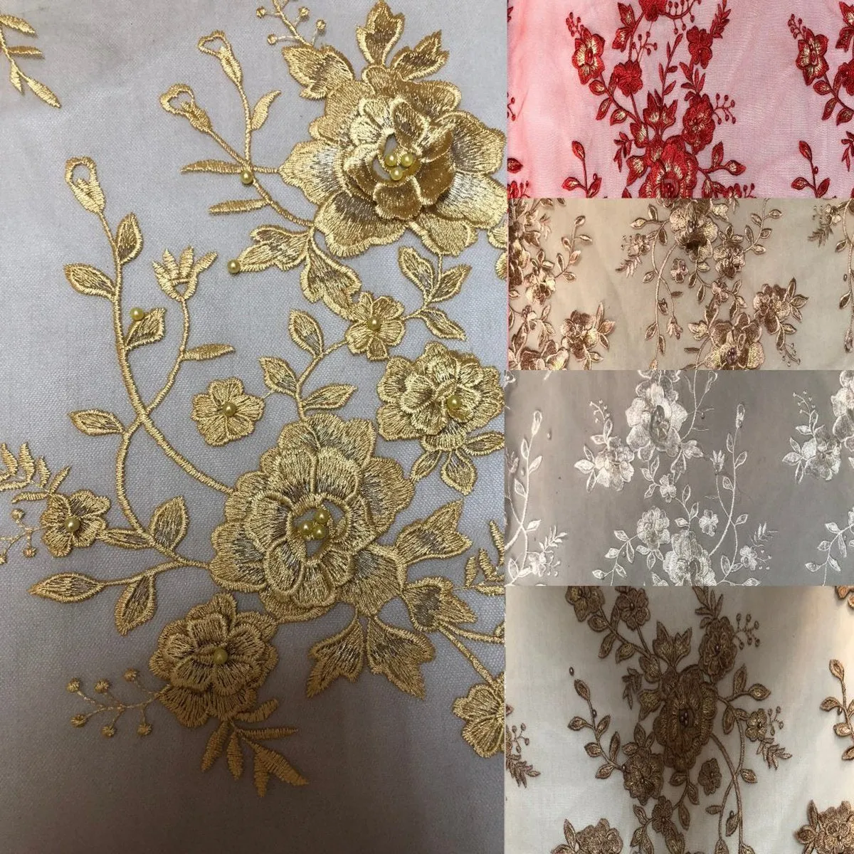 Gold Rouley 3D Pearl Floral Embroidered Lace Fabric