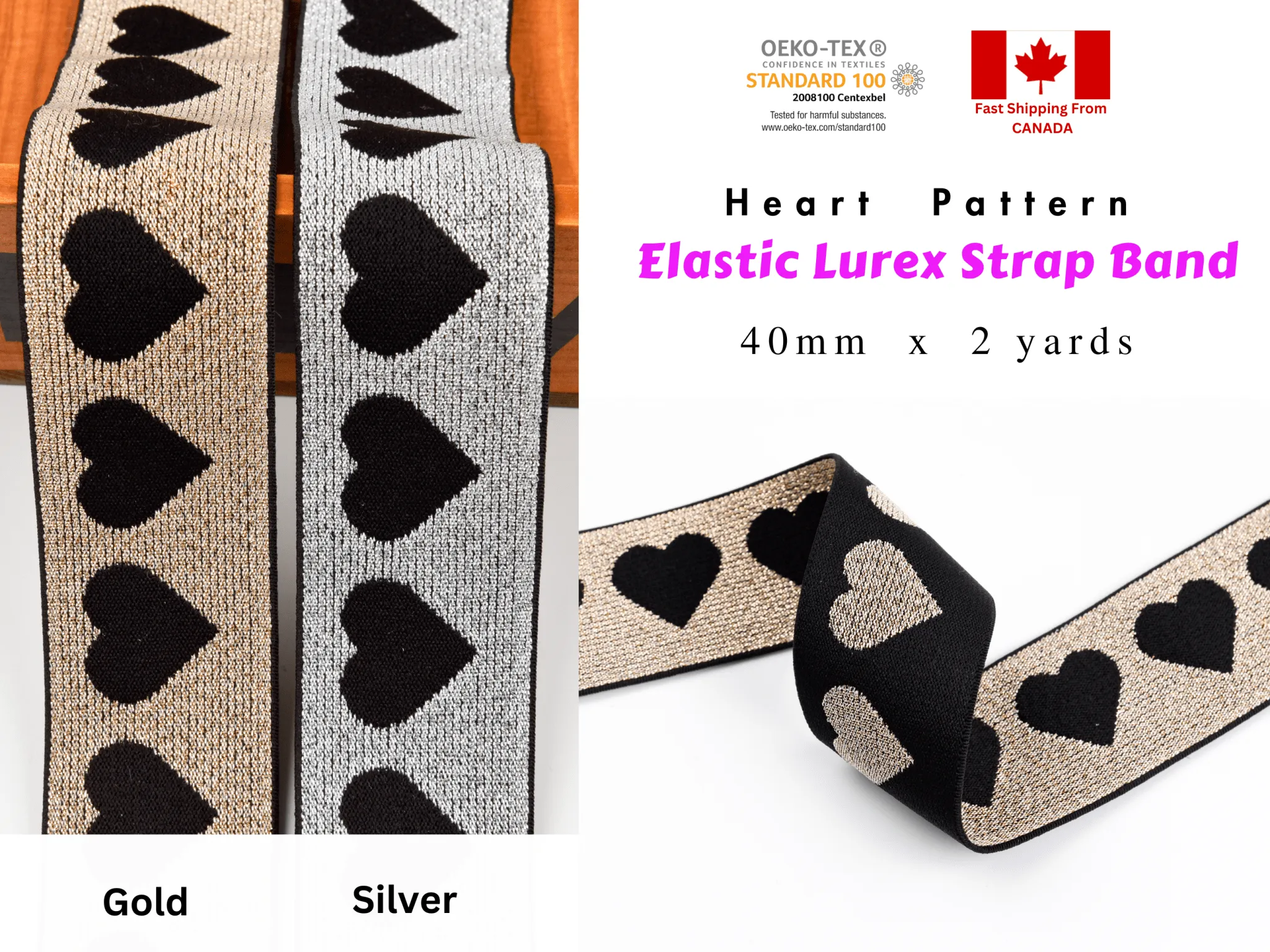 Heart Pattern Elastic Lurex Strap Band - 40mm