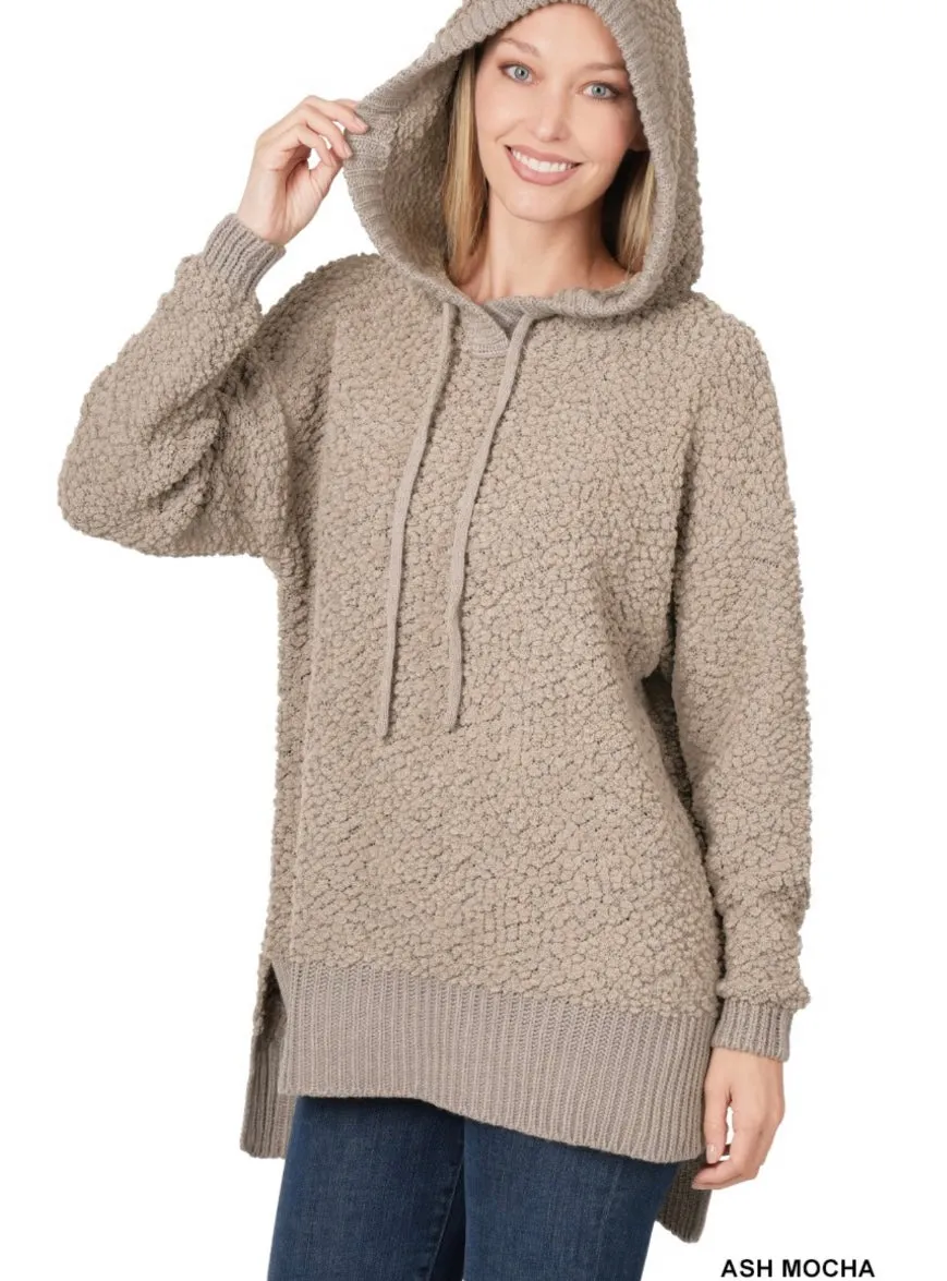 Hooded Hi-Low Hem Popcorn Sweater