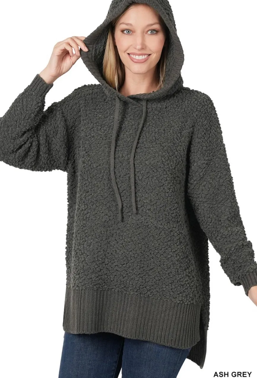 Hooded Hi-Low Hem Popcorn Sweater