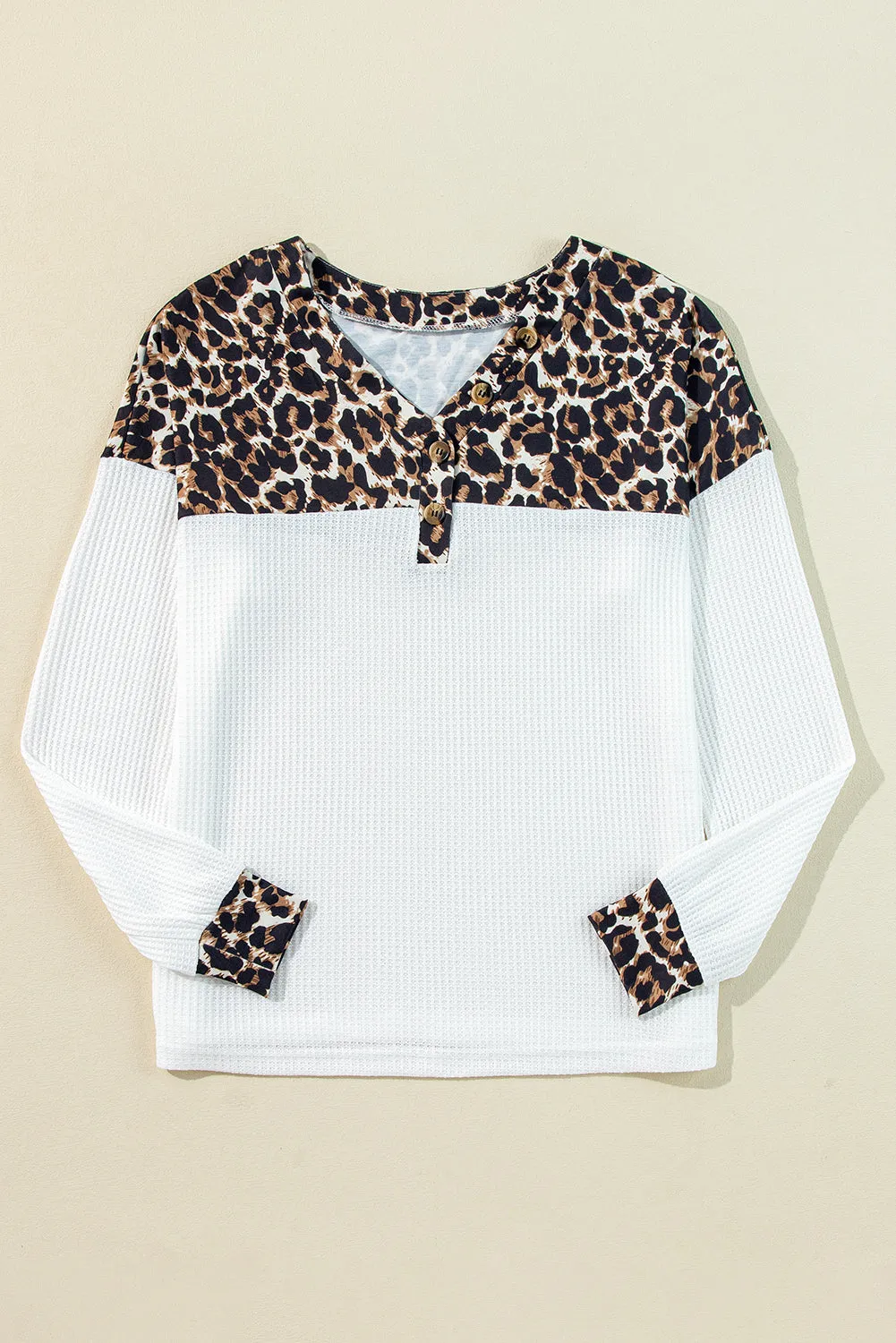 Leopard Waffle Knit Patchwork Button V Neck Top