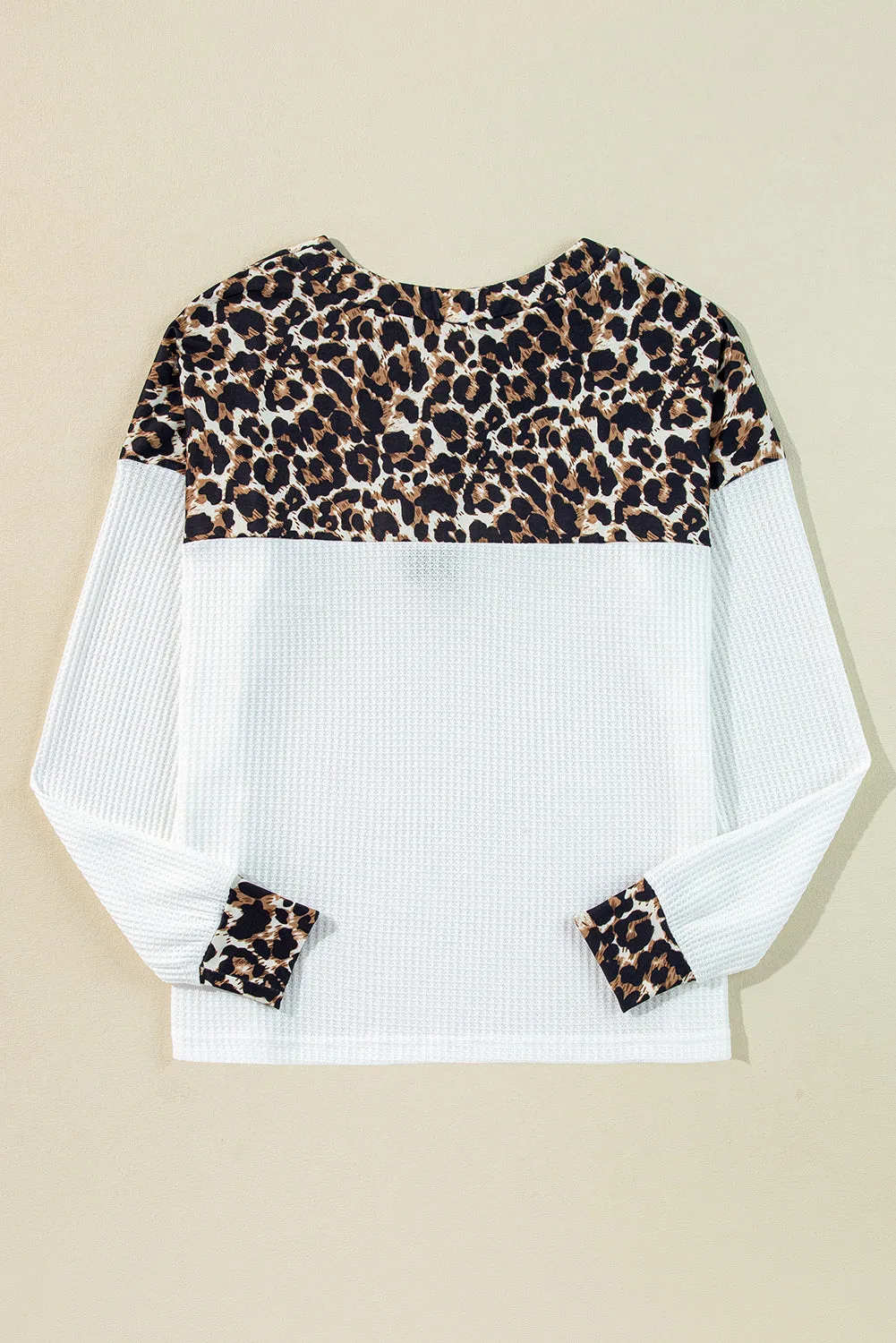 Leopard Waffle Knit Patchwork Button V Neck Top