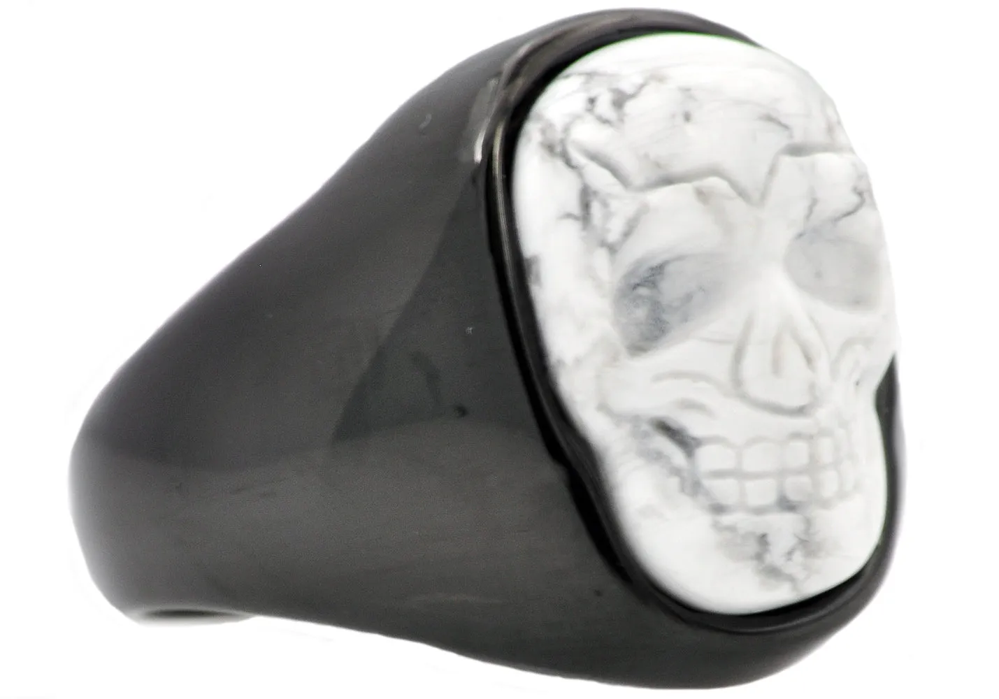 Mens Genuine Howlite Black Plated Stainless Steel Skull Ring