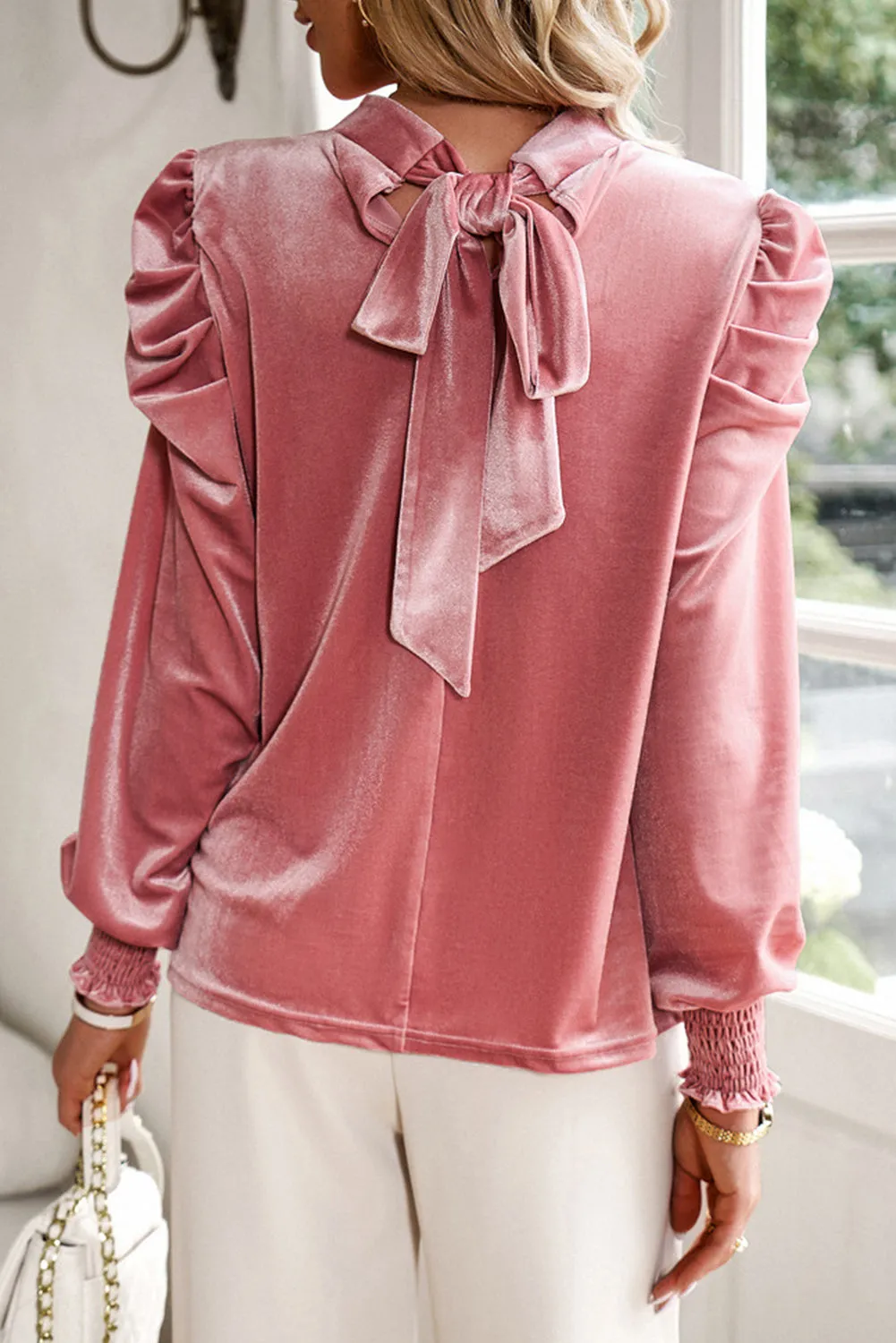 Peach Blossom Fiery Mock Neck Puff Sleeve Velvet Blouse