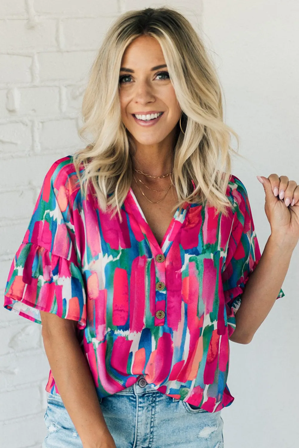 Rose Abstract Brushwork Print Buttoned V Neck Blouse