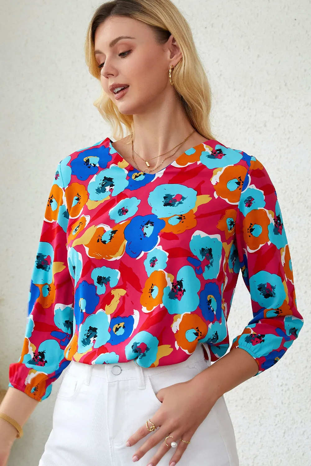 Rose Multicolor Floral Print V Neck 3/4 Sleeve Blouse