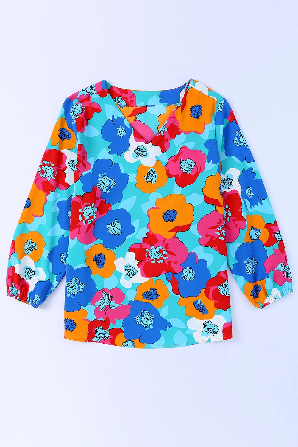 Rose Multicolor Floral Print V Neck 3/4 Sleeve Blouse