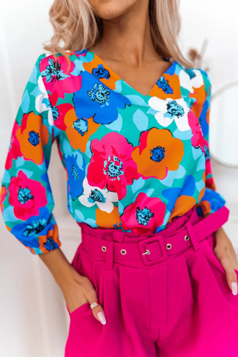 Rose Multicolor Floral Print V Neck 3/4 Sleeve Blouse