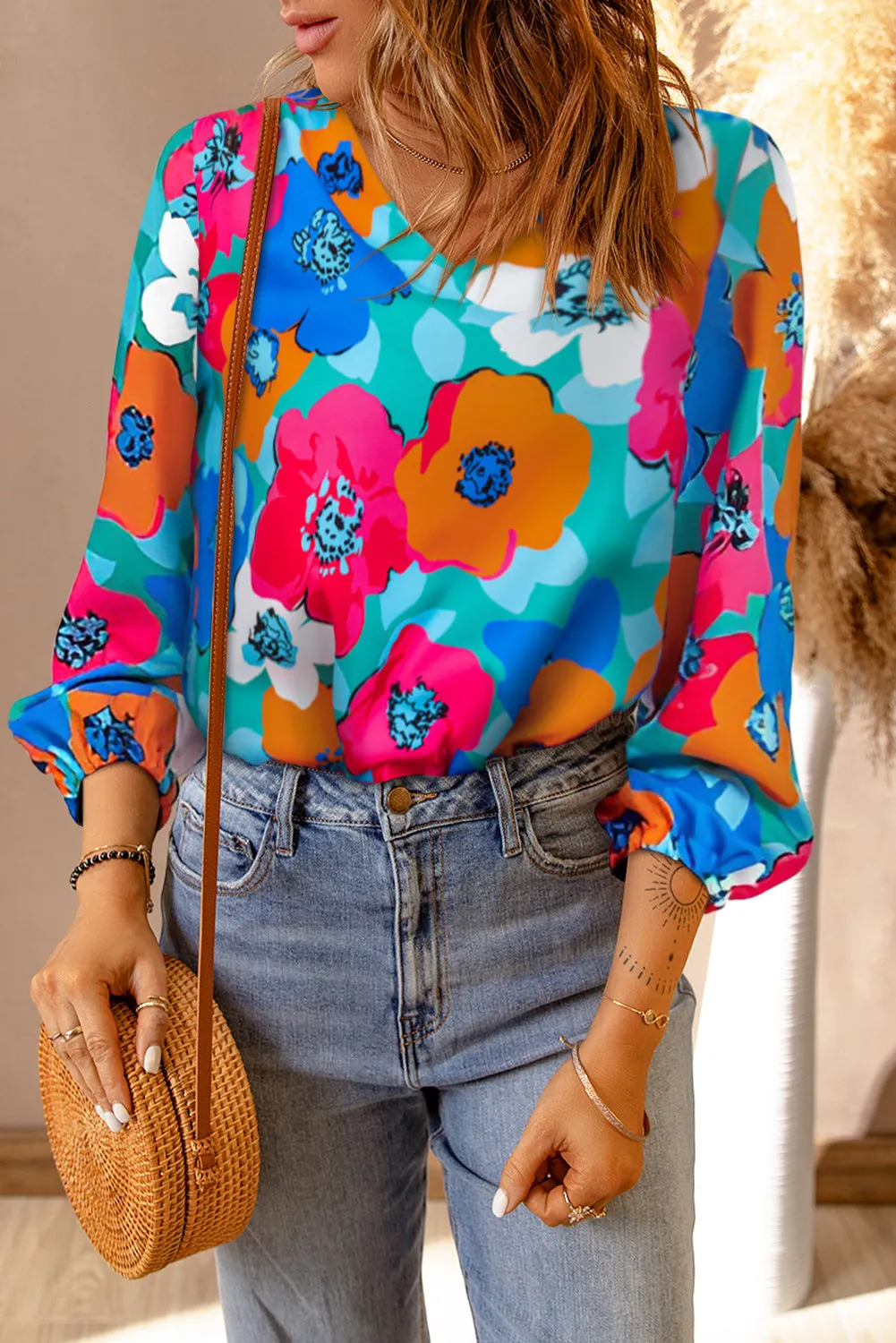 Rose Multicolor Floral Print V Neck 3/4 Sleeve Blouse