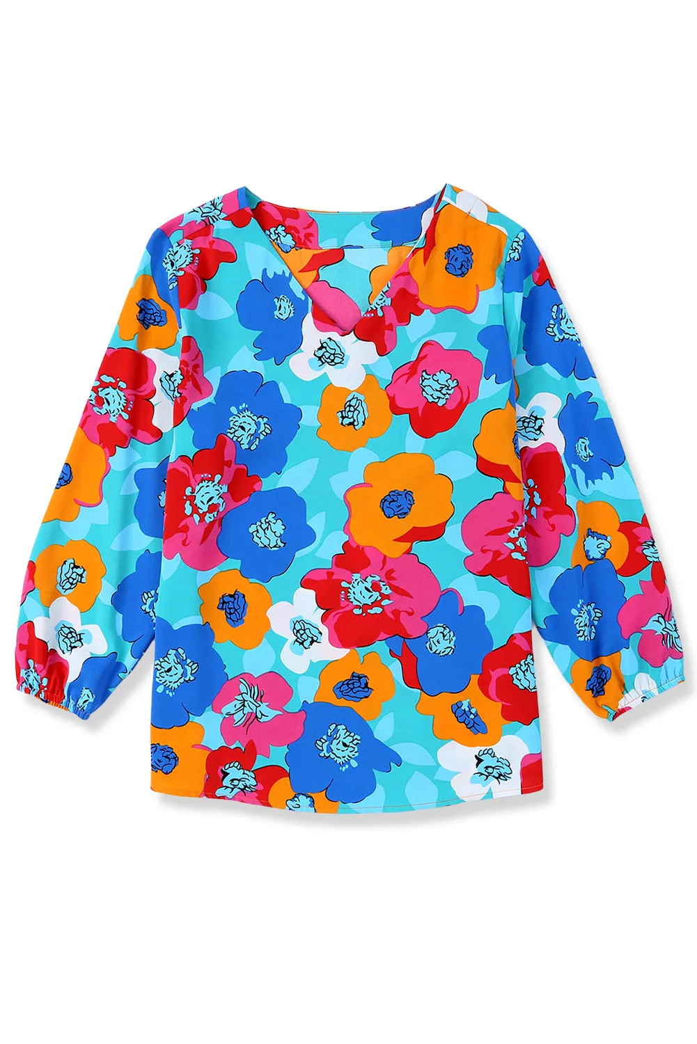 Rose Multicolor Floral Print V Neck 3/4 Sleeve Blouse