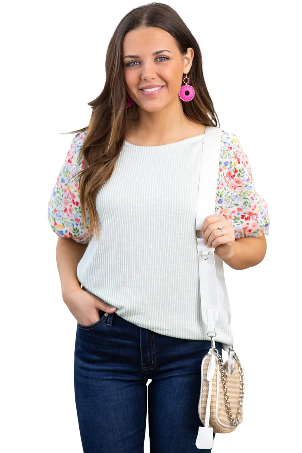 White Contrast Floral Puff Sleeve Ribbed Plus Size Blouse